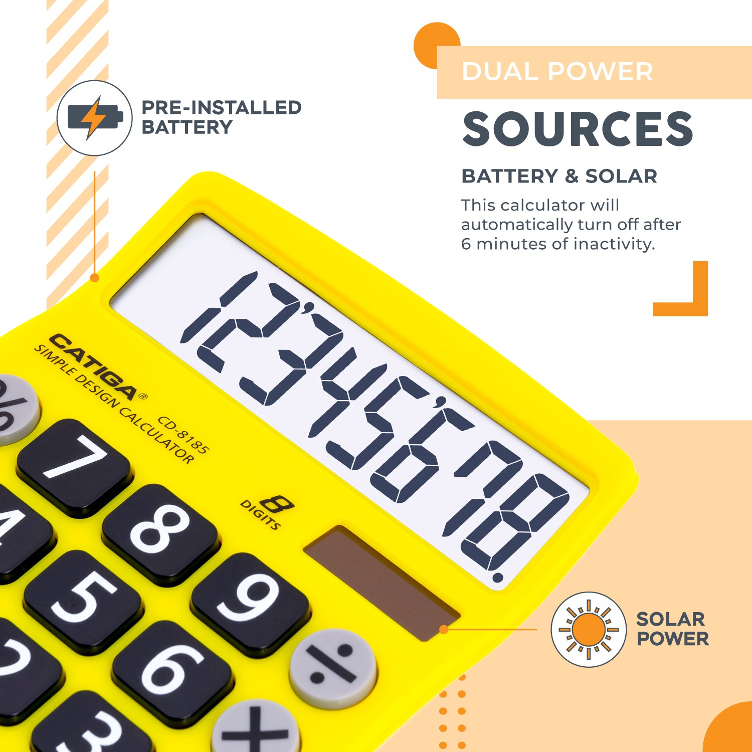Catiga CD-8185 kalkulacka 8mistna zluta solarni